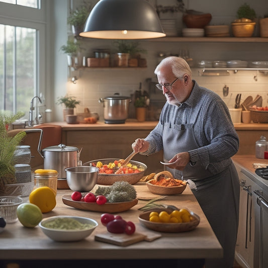 A warm, well-lit kitchen with a senior adult standing at a counter, surrounded by mixing bowls, utensils, and a laptop open to a cooking class website, with a subtle background of fresh ingredients.