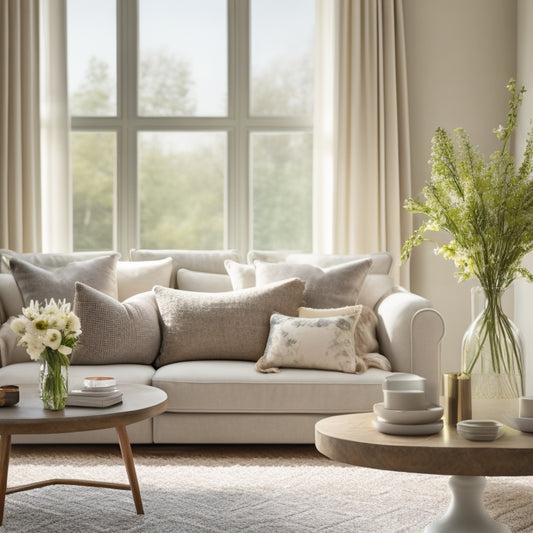 A beautifully staged living room with a neutral-colored sofa, a vase with fresh flowers, and a few strategically placed throw pillows, set against a background of natural light streaming through large windows.