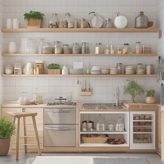 A bright, modern kitchen with neatly labeled jars, utensils organized by type on a pegboard, and a calendar-covered fridge, surrounded by natural light and subtle wood accents.