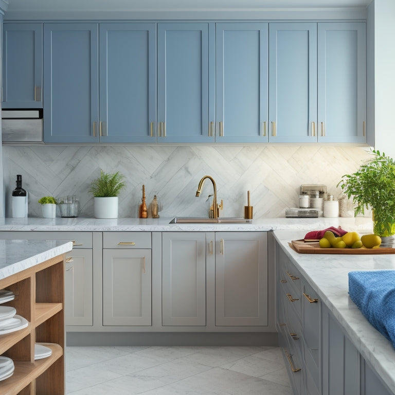 A bright, modern kitchen with sleek cabinets, featuring a drawer partially open, revealing a neatly organized interior with a top liner in a calming gray and white marble pattern.