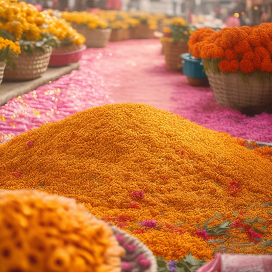 Vibrant marigold and rose petals spill from woven baskets, surrounded by intricately arranged flower garlands, amidst a sea of colorful vendors and lively street scenes in a bustling Indian flower market.