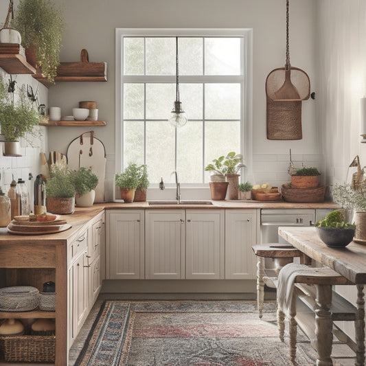 A warm and inviting kitchen with a mix of vintage and modern elements, featuring a distressed wooden table, a woven rug, and a few potted plants on a decorative shelf above white cabinets.