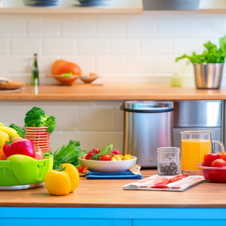 A bright and airy kitchen scene with a laptop, a meal prep container, and a few fresh vegetables on a wooden table, surrounded by subtle digital grid lines and faint icons of cooking apps.