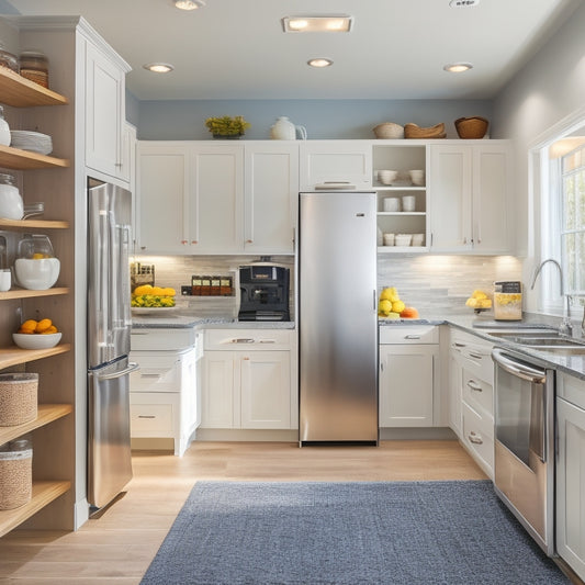 A bright, modern kitchen with a floor-to-ceiling pantry featuring slide-out baskets, adjustable shelves, and a built-in coffee station, surrounded by sleek countertops and stainless steel appliances.