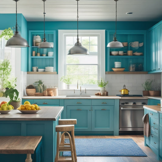 A bright, airy kitchen with a mix of modern and vintage decor, featuring a bold-colored island, rustic wooden shelves, and a stunning pendant light fixture above a farmhouse sink.