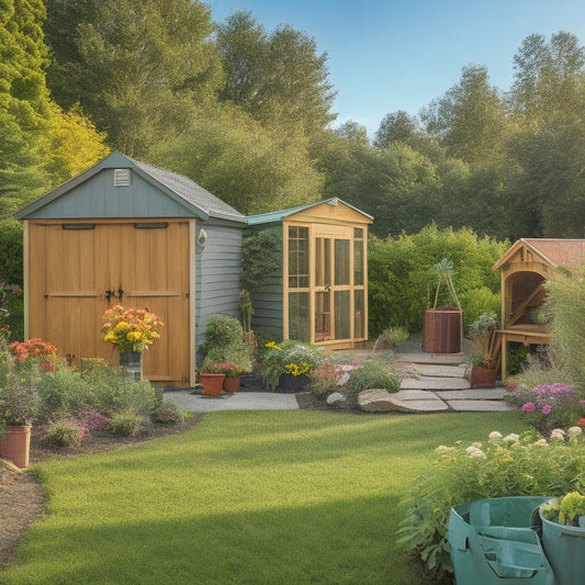 A serene backyard scene with a variety of garden sheds in different styles, sizes, and materials, surrounded by lush greenery, flowers, and gardening tools, with a sunny sky in the background.