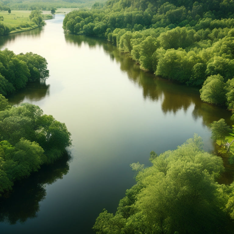 A serene, aerial view of a lush, vibrant ecosystem, with winding rivers, diverse flora, and varied wildlife, all interconnected and thriving in harmony.