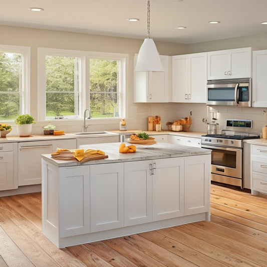 A bright, modern kitchen with sleek white cabinets, warm wooden countertops, and a large island in the center, featuring a built-in utensil organizer and a pull-out trash can.