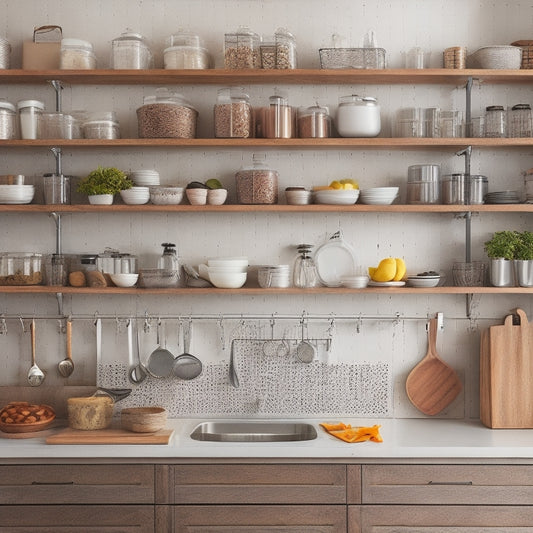 An organized kitchen with cabinets featuring installed pull-out shelves, baskets, and dividers, alongside a pegboard with hanging utensils and a countertop with a built-in spice rack and knife block.