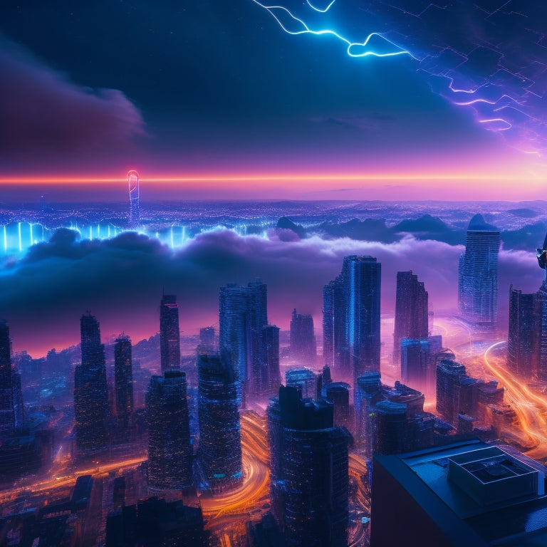 A futuristic, neon-lit cityscape with towering digital skyscrapers, glowing fiber-optic streets, and a maze of wires connecting various devices, with a lone figure in the distance, surrounded by swirling clouds of 1s and 0s.