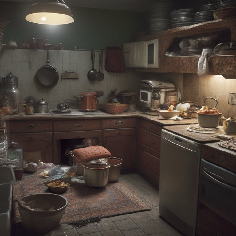 A dimly lit kitchen with cluttered countertops, piled high with dirty dishes, expired food, and scattered cookbooks, surrounded by worn-out appliances and a messy, crumb-covered floor.