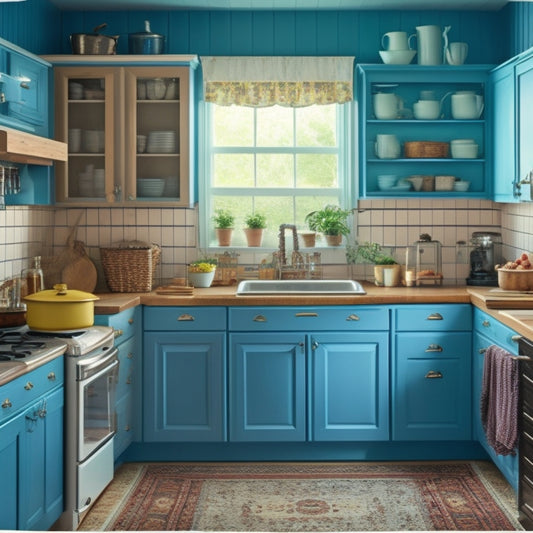 A cluttered kitchen with mismatched appliances, awkwardly placed cabinets, and a narrow aisle, contrasted with a clean and empty background, highlighting the shortcomings of standard templates.