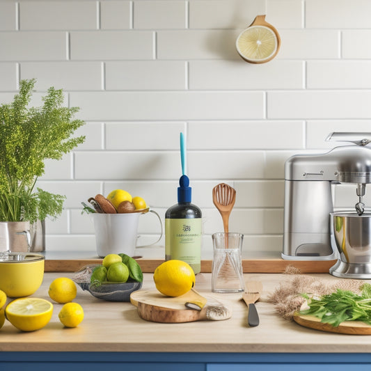 A bright, organized kitchen with a stainless steel countertop, featuring a stand mixer, immersion blender, silicone utensils, and a wooden cutting board, surrounded by fresh herbs and lemons.