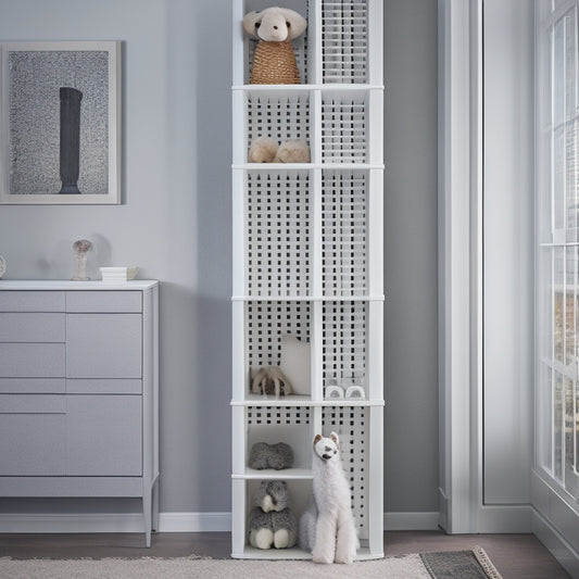 A tall, modern, white storage tower with 5-7 stacked drawers, each with a sleek metal handle, standing against a light gray wall, surrounded by neatly organized pet toys and accessories.