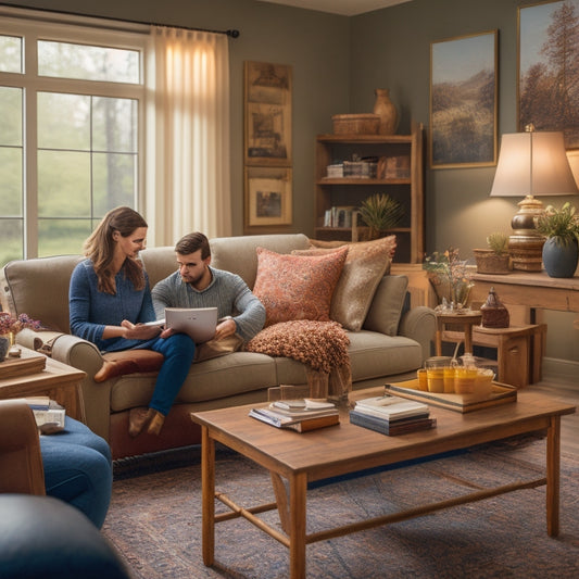 A warm and inviting living room with a couple sitting on a couch, surrounded by folders, laptops, and a checklist on a clipboard, with a subtle background of a house blueprint.