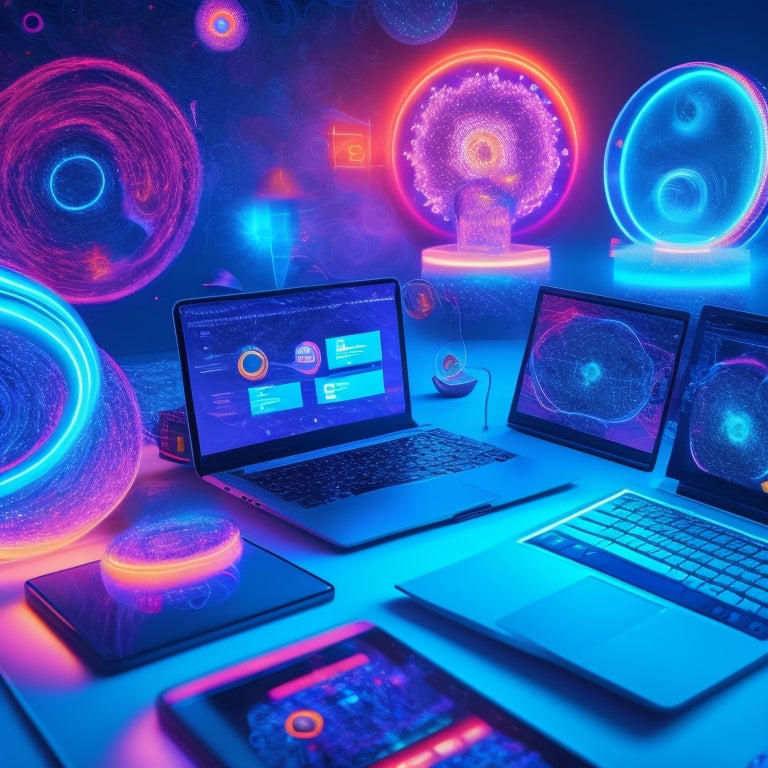 A stylized illustration of multiple devices (laptop, tablet, smartphone) surrounded by swirling, interconnected circles, with file icons and data streams flowing seamlessly between them in a futuristic, neon-lit environment.