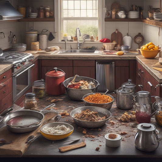 A chaotic kitchen scene with pots, pans, utensils, and ingredients scattered across countertops, a cluttered sink, and a stovetop with multiple abandoned cooking attempts, surrounded by messy recipe papers and appliances.