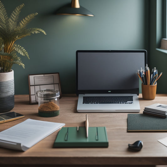 A serene, organized desk with a few neatly stacked files, a single pen standing upright, and a laptop open to a spreadsheet, surrounded by a subtle, calming green background.