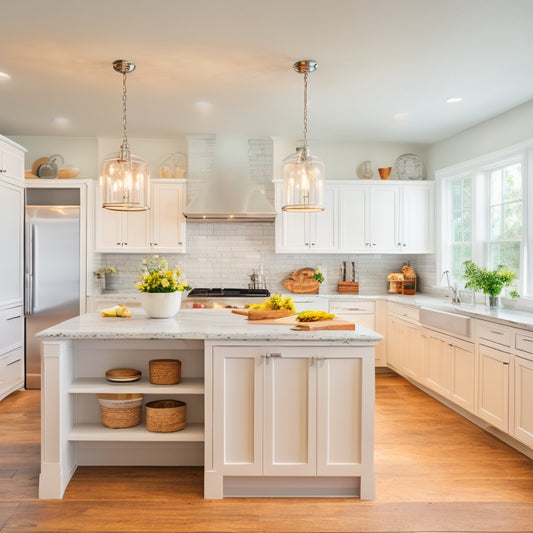 A bright, airy kitchen with crisp white cabinets, warm wooden flooring, and stainless steel appliances, featuring a large island with a butcher-block countertop and pendant lights hanging above.