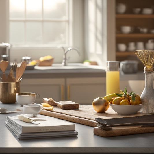 A clutter-free kitchen counter with a few strategically placed utensils, a partially chopped onion, and a few open cookbooks, surrounded by a subtle background of warm, golden lighting.