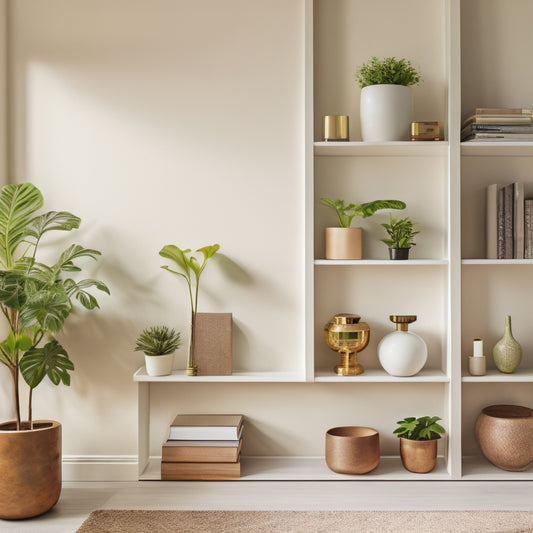 A minimalist living room with three floating shelves in a warm wood tone, adorned with potted plants, decorative vases, and a few favorite books, set against a soft, creamy white wall.