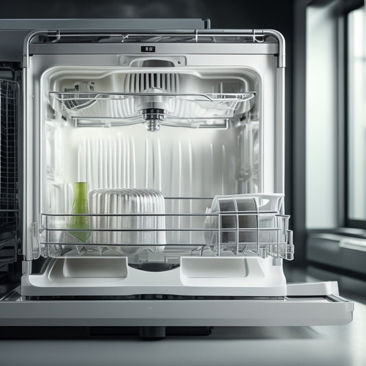 A close-up shot of a partially disassembled LG dishwasher, with various replacement parts (e.g., gaskets, filters, and racks) scattered around the perimeter, illuminated by a soft, white light.
