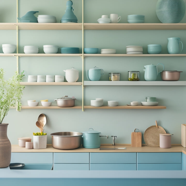 A serene kitchen with a minimalist aesthetic, featuring a few, strategically-placed containers, a utensil organizer, and a pegboard, all in a soothing color palette, with plenty of negative space.