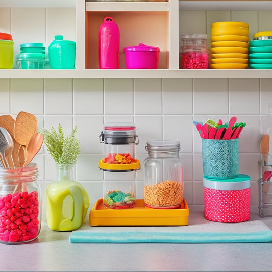 A colorful and tidy kitchen countertop with a few organized jars, a utensil holder, and a few sheets of printable templates and charts pinned to a corkboard or clipped to a wire rack.