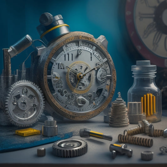 A wrench and a screwdriver crossing over a clock's face, surrounded by scattered gears, cogs, and microchips, with a subtle grid of 1s and 0s in the background, hinting at digital renovation.