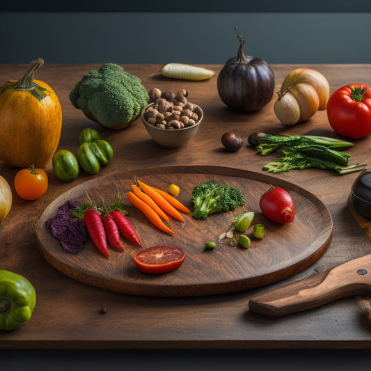 A dark-stained wooden cutting board with various knives, each with a distinct shape and size, arranged in a circular pattern, with a few scattered vegetables and a subtle kitchen background.