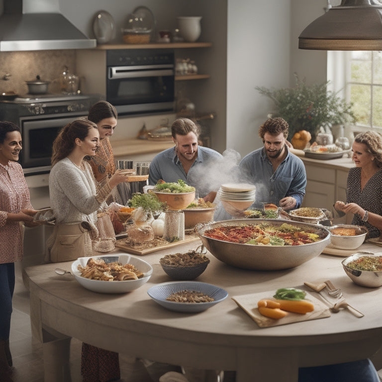 A serene, well-organized kitchen with a few strategically placed utensils, a neatly arranged buffet, and a large, steaming dish in the center, surrounded by happy, chatting people.