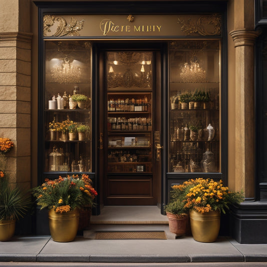 A warm, golden-lit storefront with a regal crown above the door, surrounded by overflowing bookshelves, and a vibrant flower arrangement on the sidewalk, set against a soft, misty morning backdrop.