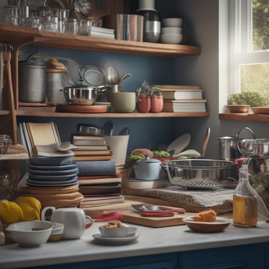 A cluttered kitchen shelf with stacked cookbooks, utensils, and appliances, with a few books toppled over, surrounded by a messy countertop; beside it, a tidy shelf with cookbooks standing upright, supported by a sturdy organizer.