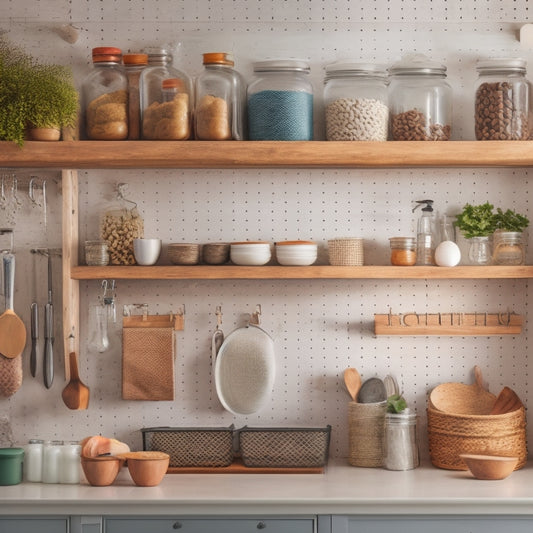 A tidy kitchen with a pegboard on the wall, holding utensils and baskets, adjacent to a narrow shelf with labeled jars and a utensil organizer on the countertop, surrounded by a calm, natural background.