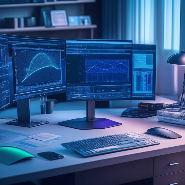 A futuristic workstation with a large, curved screen displaying a complex flowchart, surrounded by scattered papers, colorful pens, and a laptop with an open SmartDraw window.