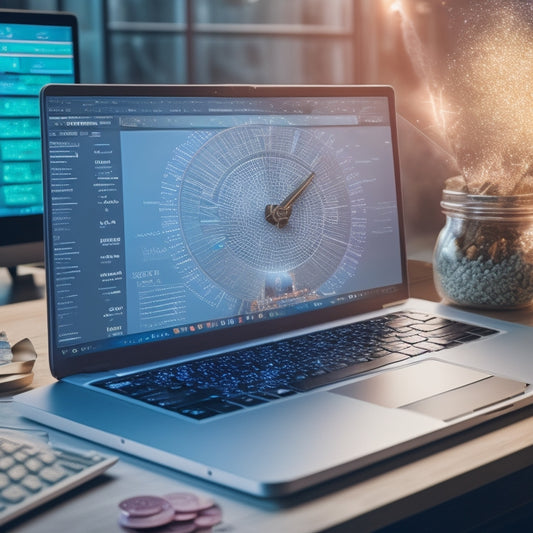 A split-screen image featuring a laptop with a dashboard displaying rising graphs and dollar signs, alongside a clock with its hands moving rapidly clockwise, surrounded by confetti and money symbols.