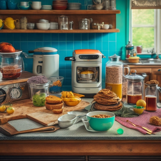 A cluttered kitchen counter with a jumbled mix of appliances, utensils, and containers, featuring a toaster with crumbs spilling out, a coffee maker with a stained carafe, and a messy stack of recipe books.