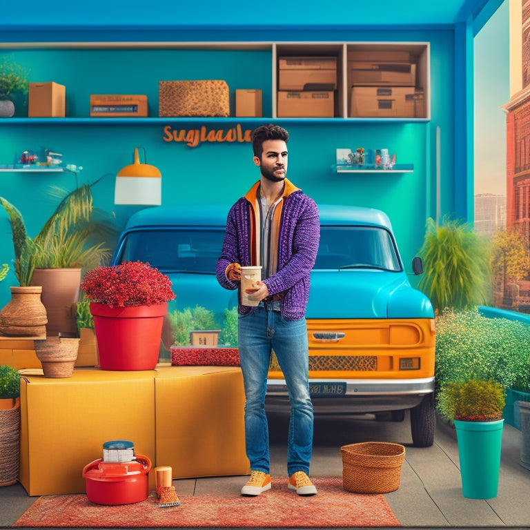 A colorful illustration of a young adult standing in front of a moving truck, surrounded by boxes and furniture, with a cityscape in the background and a few unpacked items like a houseplant and a coffee mug nearby.