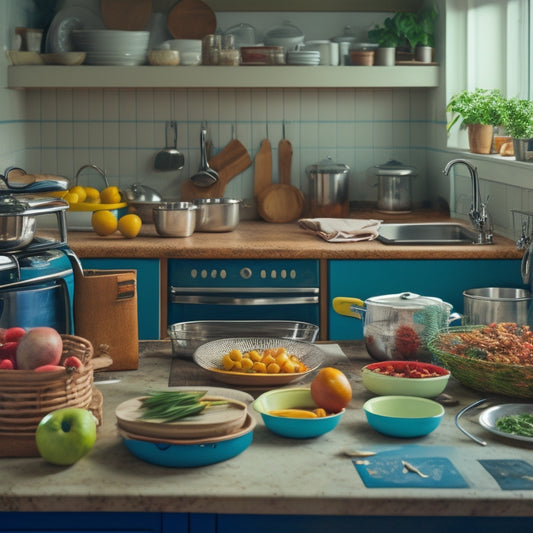 A messy kitchen with overflowing countertops, piles of dirty dishes, and a cluttered island, with a few utensils and appliances scattered around, and a single, empty shelf standing out in contrast.