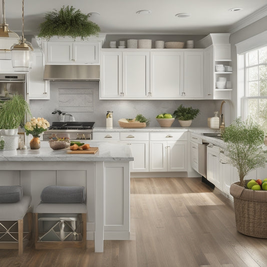 A serene, well-lit kitchen with a large island, gleaming white countertops, and stainless steel appliances, adorned with a few strategically placed decorative items and a vase with fresh greenery.