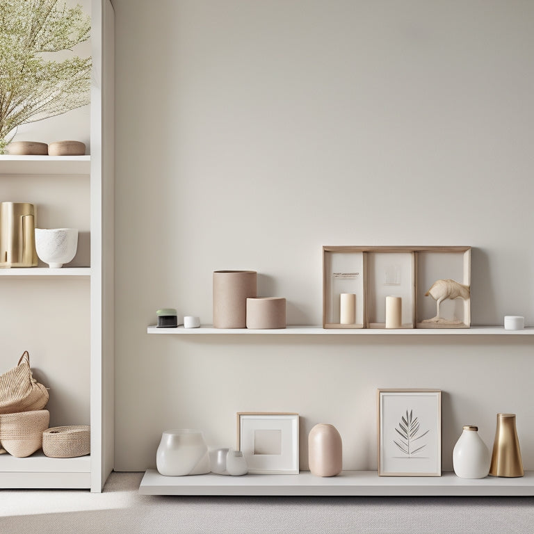 A serene, minimalist room with a sleek, wall-mounted shelf system, neatly arranged storage bins, and a few, carefully-placed decor pieces amidst a calming background of soft, creamy whites and natural woods.