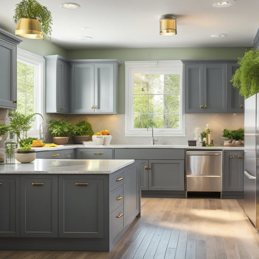 A bright, modern kitchen with refinished cabinets in a soft gray hue, adorned with sleek hardware and a stunning quartz countertop, surrounded by warm lighting and lush greenery.