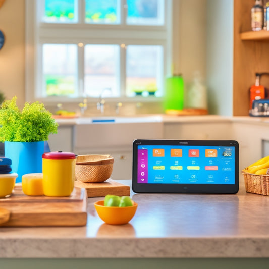 A bright, modern kitchen with a tablet on the counter displaying a meal planning app, surrounded by a tidy utensil organizer, a labeled spice rack, and a digital scale with a wireless connection icon.