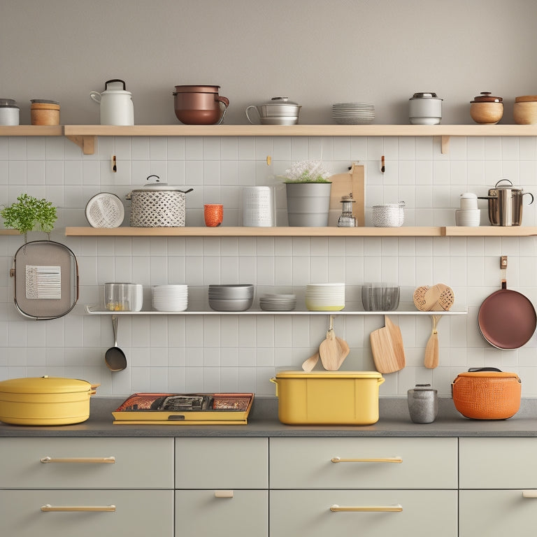 A sleek, modern kitchen with pots and lids of varying sizes, arranged on a wall-mounted pegboard, in a tidy and organized fashion, against a soft, light-gray background.