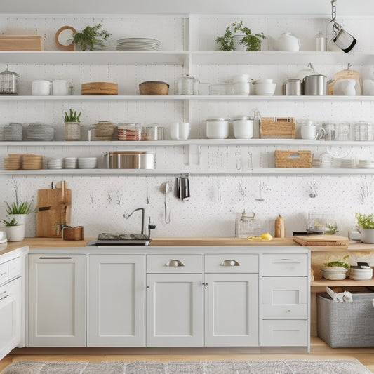 A bright, modern kitchen with sleek white cabinets, a large island, and a pegboard with organized utensils, featuring a combination of open shelves, baskets, and drawers filled with cookbooks, kitchen gadgets, and utensils.