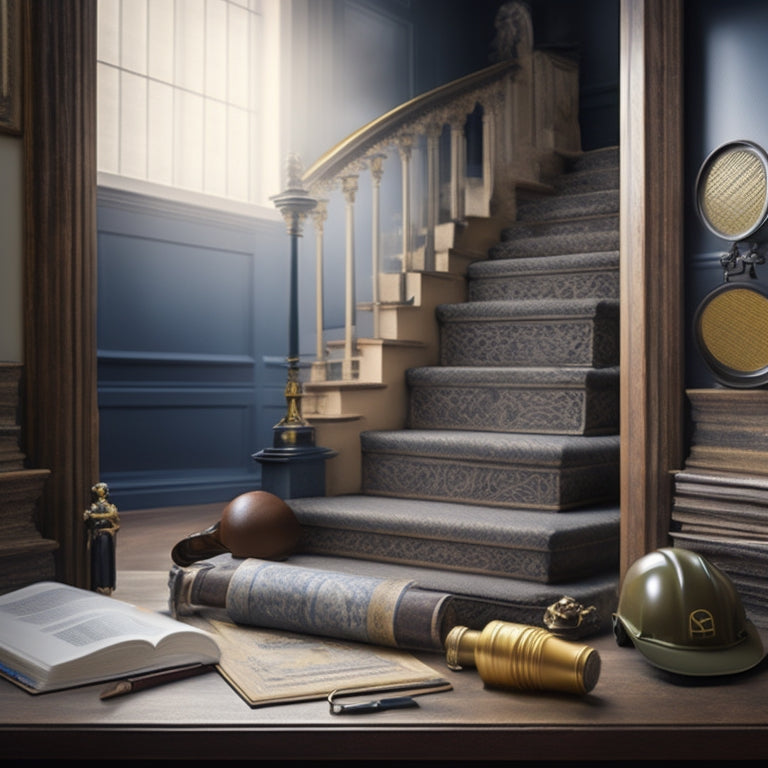 A staircase with 5 steps, each step featuring a distinct icon: a book, a magnifying glass, a clipboard, a hard hat, and a badge, symbolizing the journey to becoming a professional inspector.