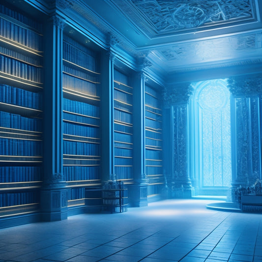 A futuristic, glowing library with rows of shelves containing intricately carved, ornate boxes, each emitting a soft blue light, surrounded by swirling mist and subtle, pulsing circuits.