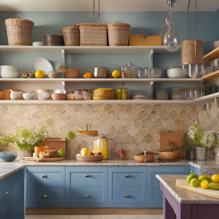 A bright, modern kitchen with a corner cabinet open, revealing a carousel of stacked plates, a hanging utensil organizer, and a basket filled with spices, surrounded by sleek countertops and warm lighting.