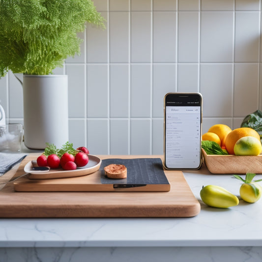 A minimalist kitchen counter with a single, sleek smartphone displaying a meal planning app, surrounded by a few ripe fruits, a wooden cutting board, and a sprinkle of fresh herbs.