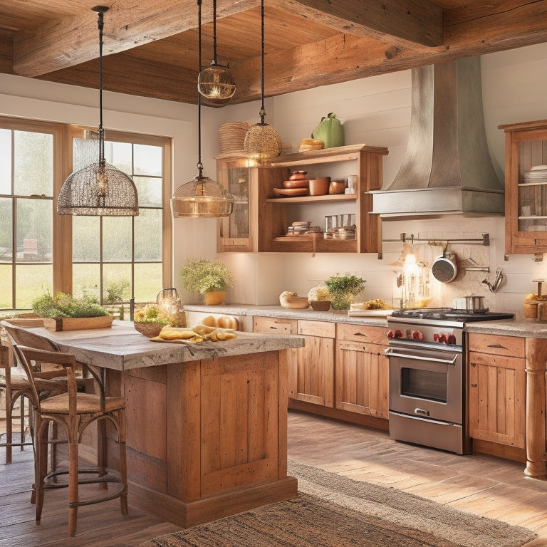 A warm, sunlit kitchen with exposed wooden beams, reclaimed wood island, and pendant lanterns, featuring a stunning brick backsplash, farmhouse sink, and a mix of modern and vintage decor.